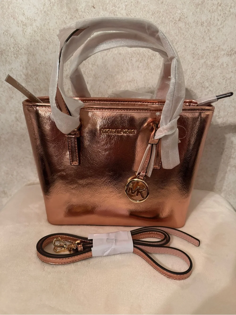 Michael Kors Metallic PrimRose Gold Leather Satchel with MK Charm